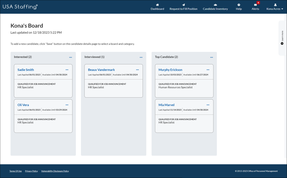 Saved Candidate Boards