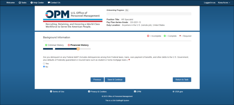 Questionnaire Financial History page