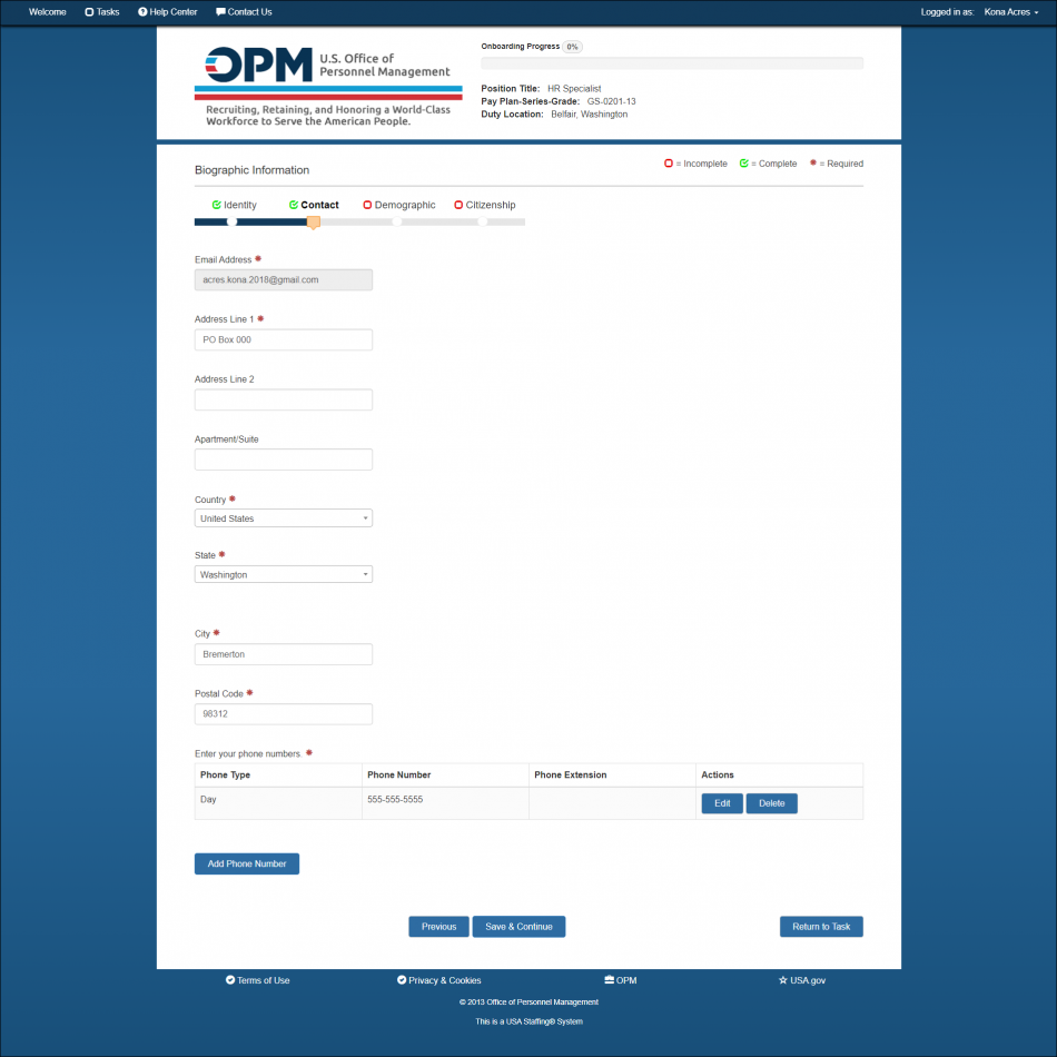 Biographic Information Questionnaire Contact page