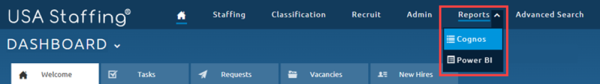 USA Staffing Navigation Bar with the Reports Dropdown highlighted