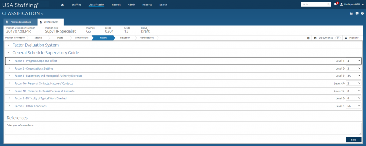 Manage Position Descriptions Factors tab