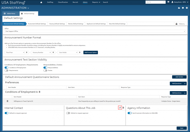 Announcement Questionnaire Default Setting