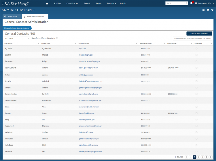 General Contact Admin tab