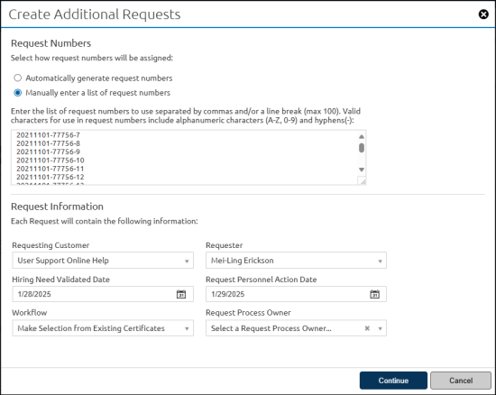 Create Additional Request pop-up
