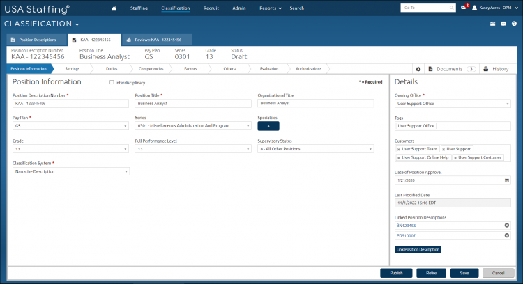 Manage Position Descriptions tab