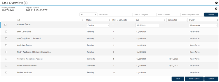 Task Overview Pop-Up Window