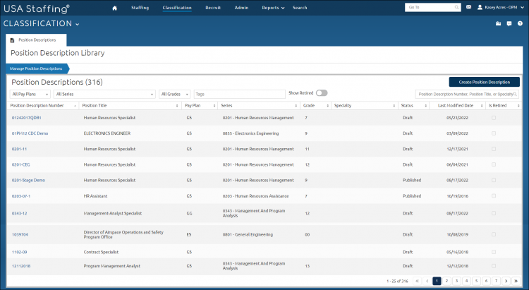 Manage Position Descriptions tab