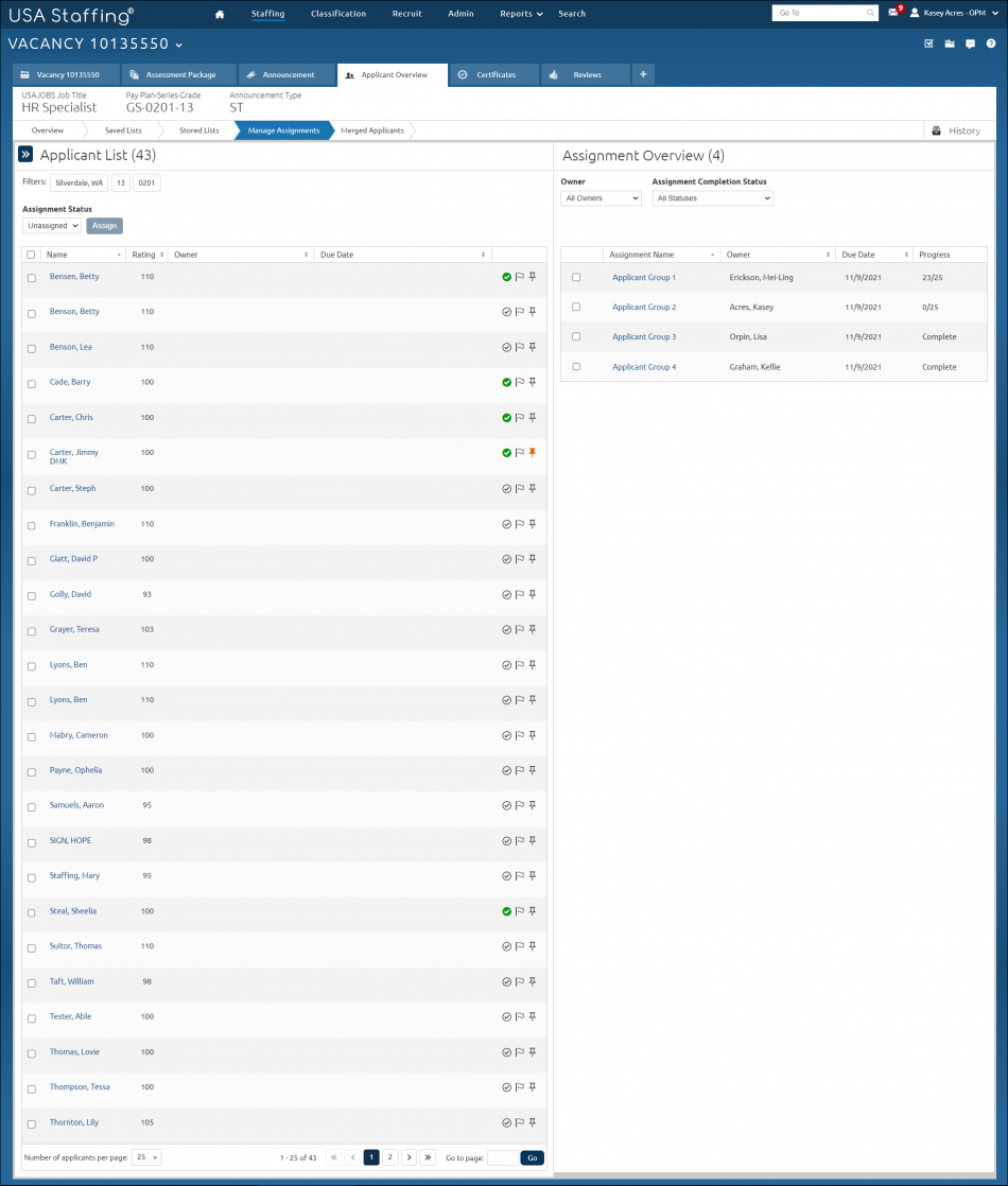 Manage Assignments page