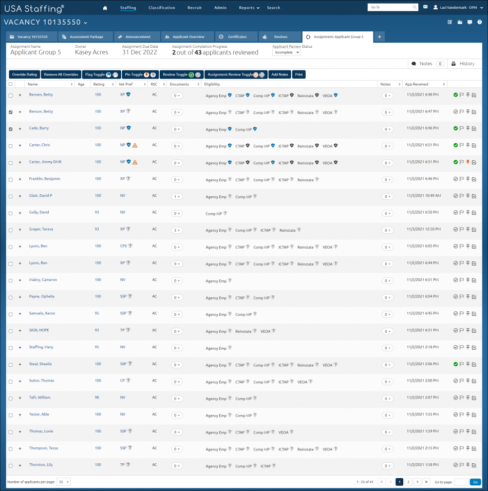 Workload Assignments page