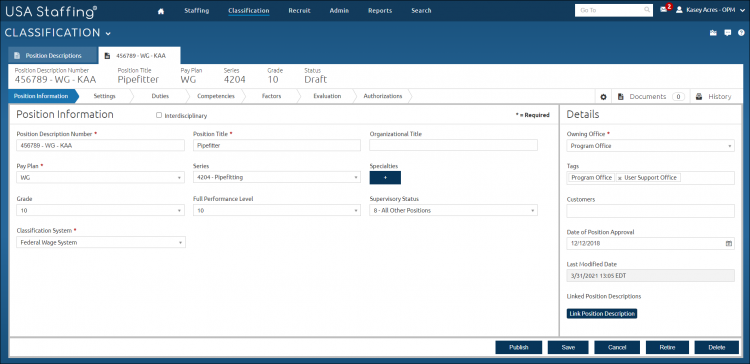 Manage Position Descriptions tab