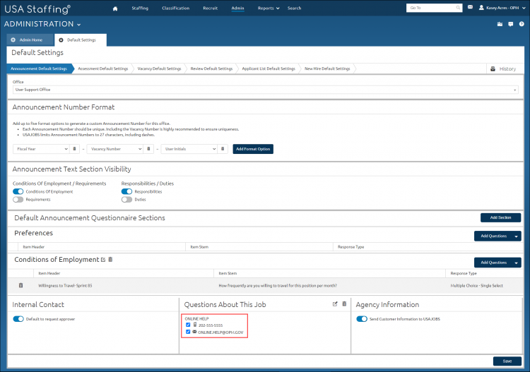 Announcement Questionnaire Default Setting