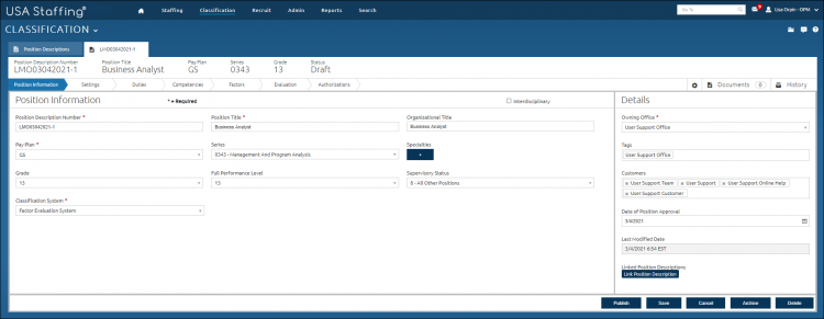 Manage Position Descriptions tab