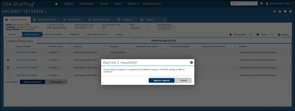 Linked Request confirmation modal
