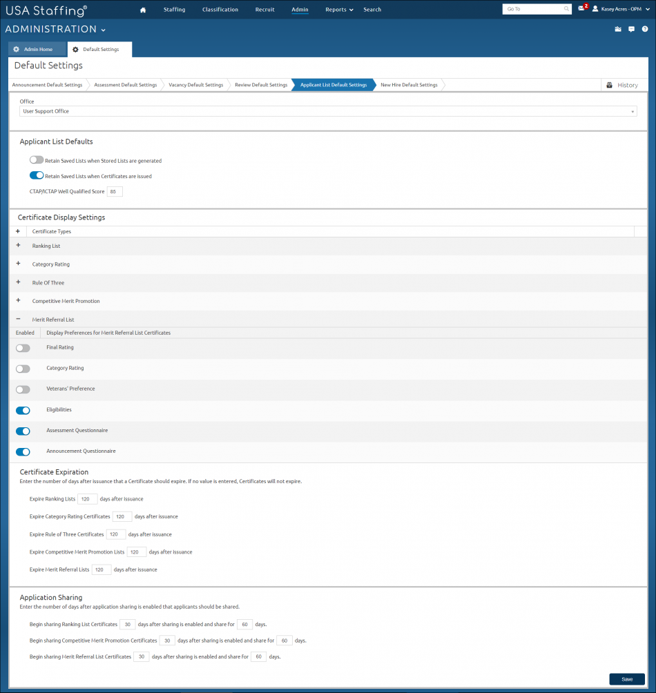 Applicant List Default Settings