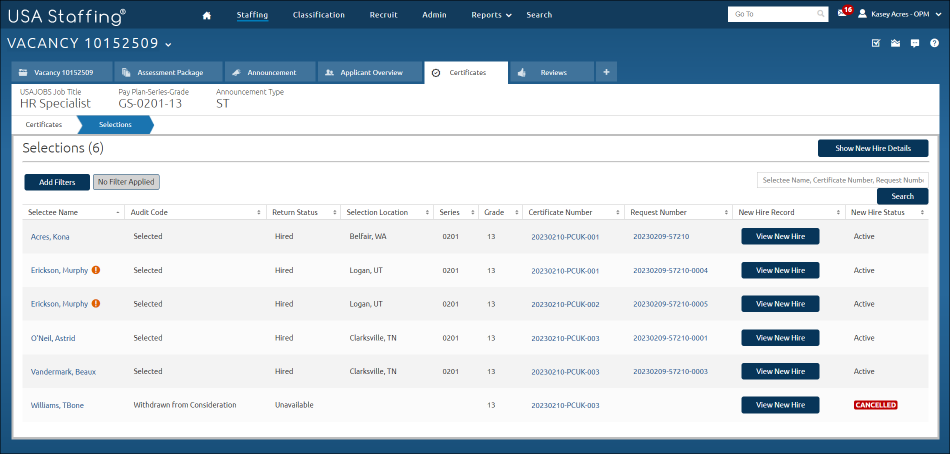 Certificates Tab, Selections page