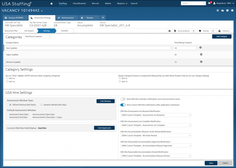 Assessment Package Settings Page