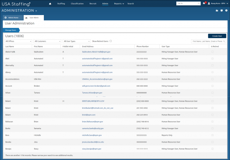 Manage exiting users tab