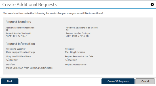 Verify information on Create Additional Request pop-up