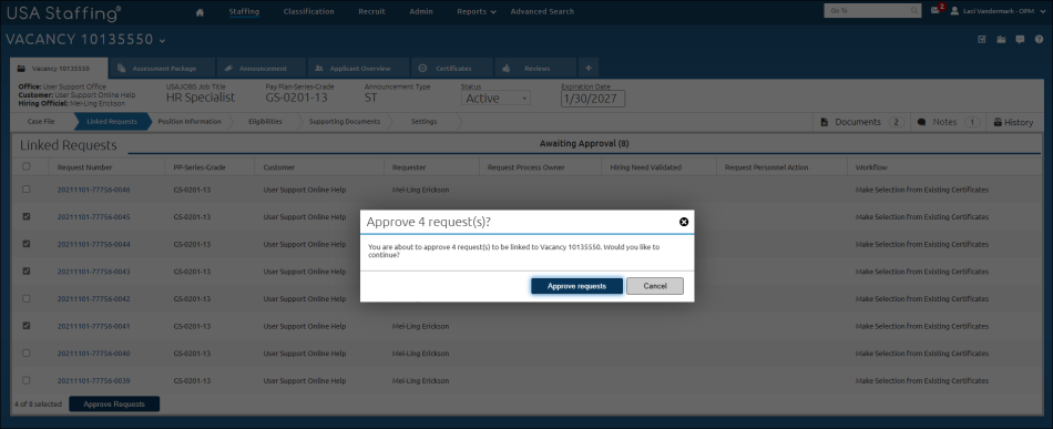 Linked Request confirmation modal