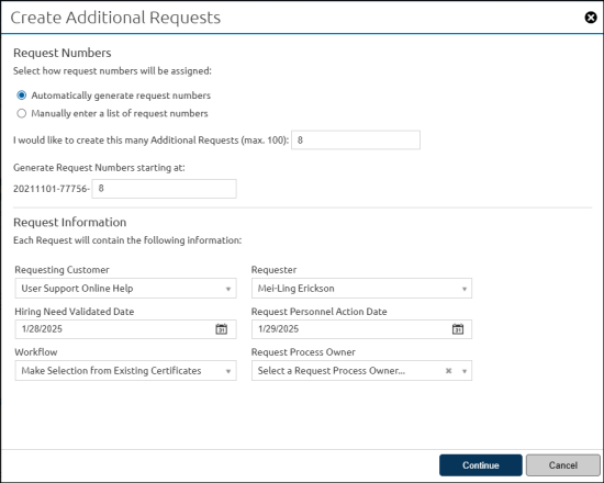 Create Additional Request pop-up