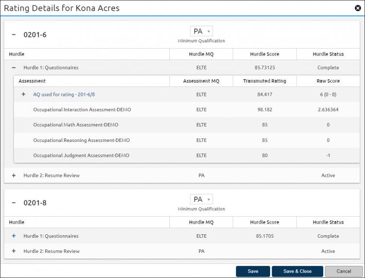 Applicant Ratings Detail pop-up with hurdles