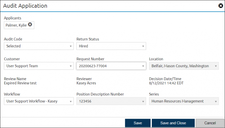 Audit application pop-up box