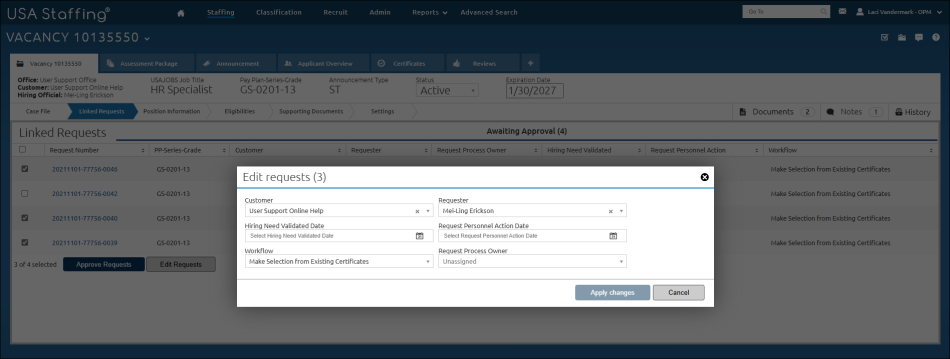 Grey Checkbox next to linked requests to be edited