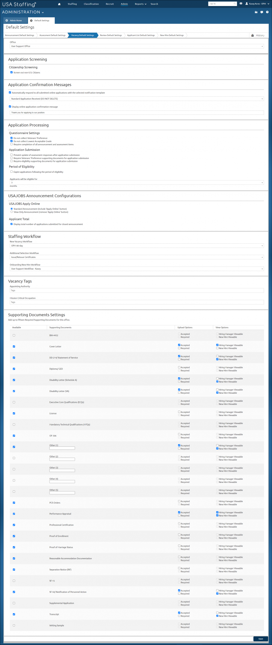 Manage Vacancy Default Settings