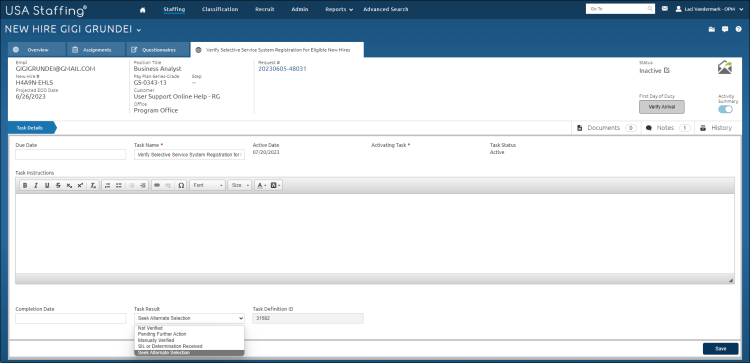 Edit Selective Service task results