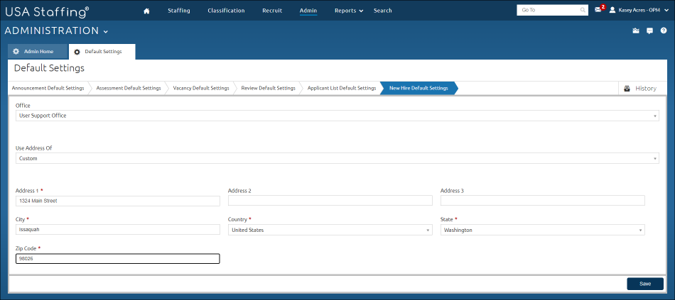 Manage New Hire Default Settings