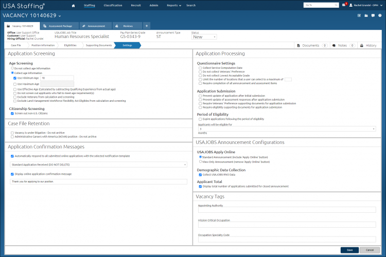 Vacancy Settings Page