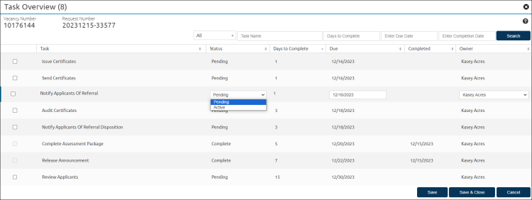 Task Overview Status dropdown