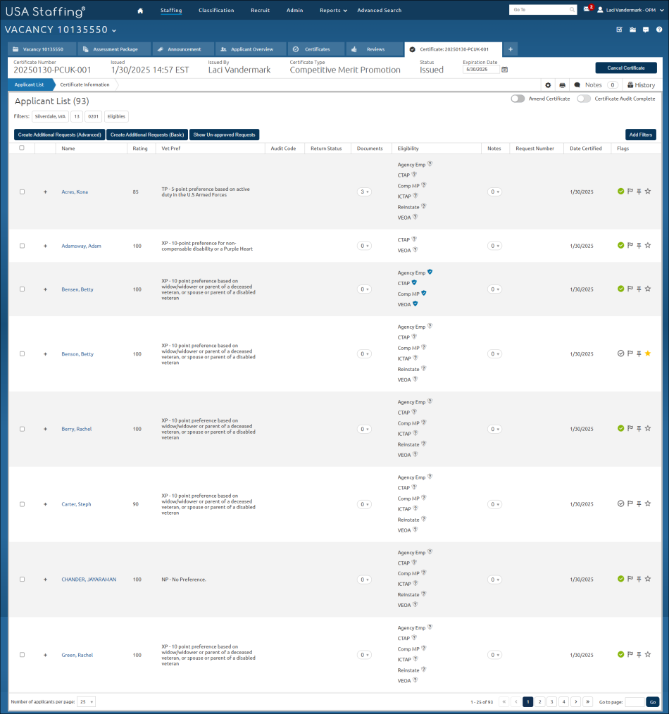 Applicant List Certificate Tab