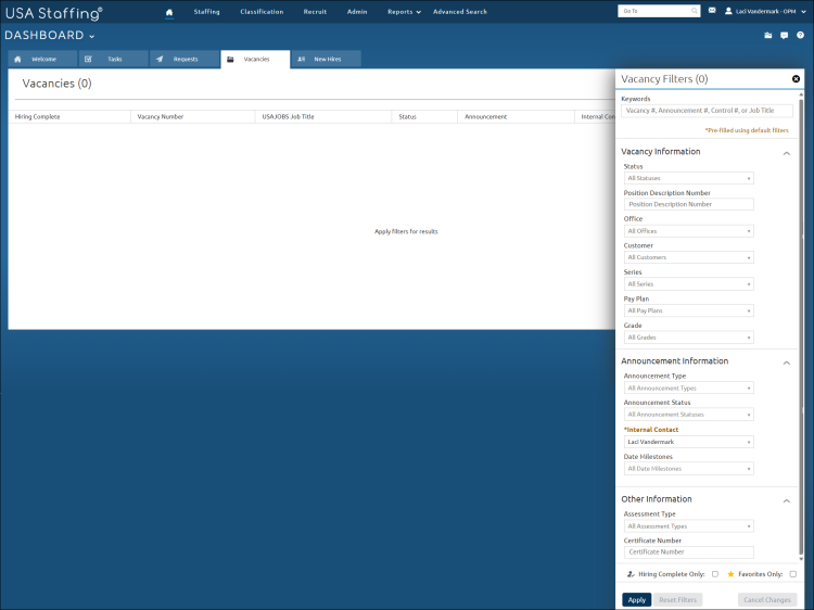 Vacancies tab