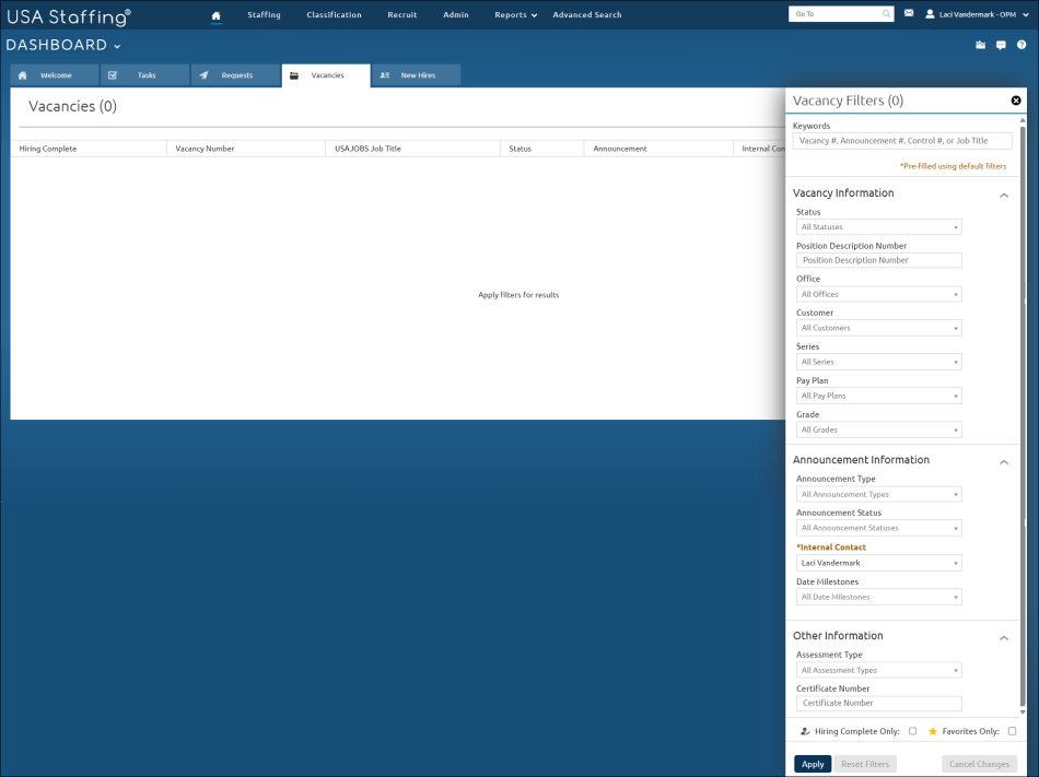 Vacancies tab