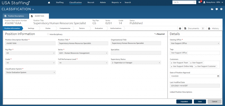 Manage Position Descriptions tab