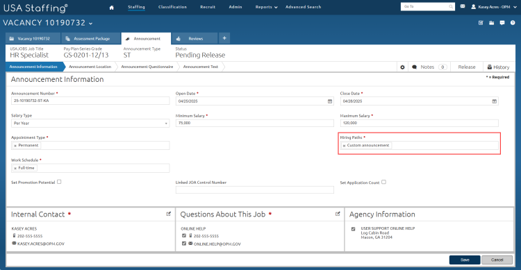 Announcement Information Page with Hiring Path drop-down highlighted