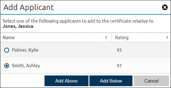 Add applicant pop-up