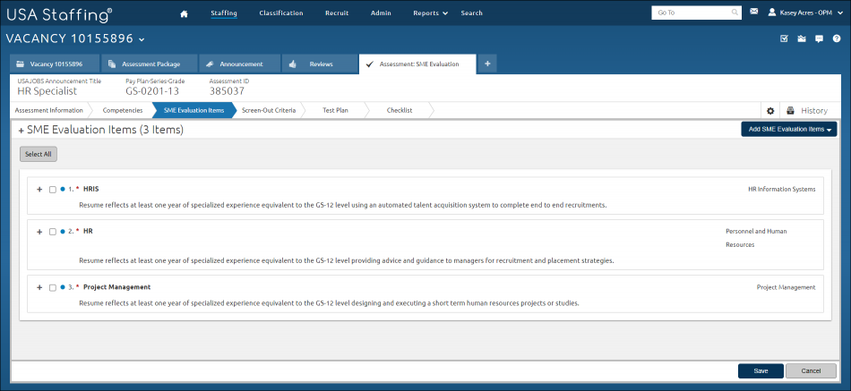 SME Evaluation Items Page