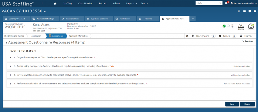 Applicant Assessment Questionnaire Sub Tab