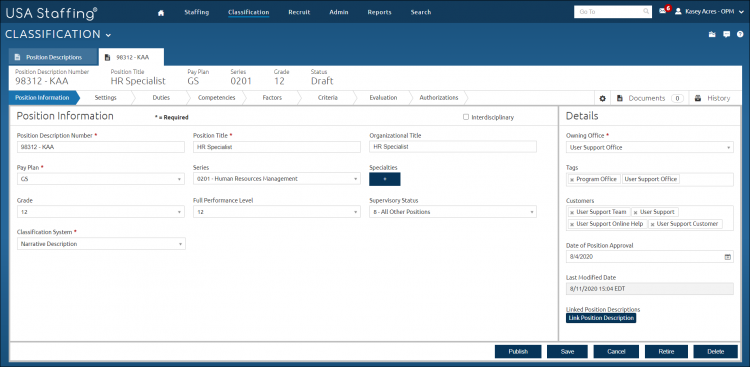 Manage Position Descriptions tab