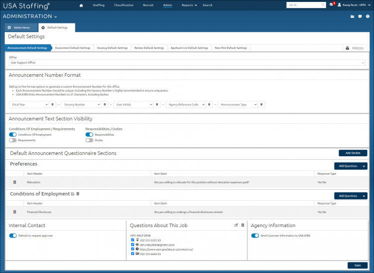 Announcement Questionnaire Default Setting