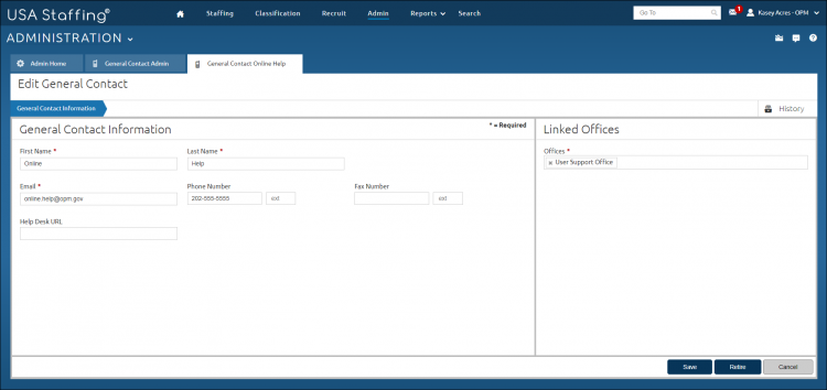 General Contact Admin tab