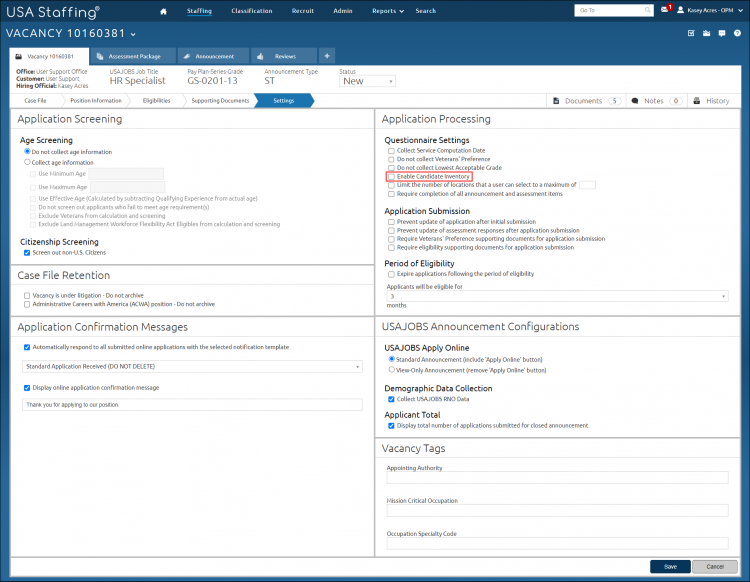 Vacancy Settings Page