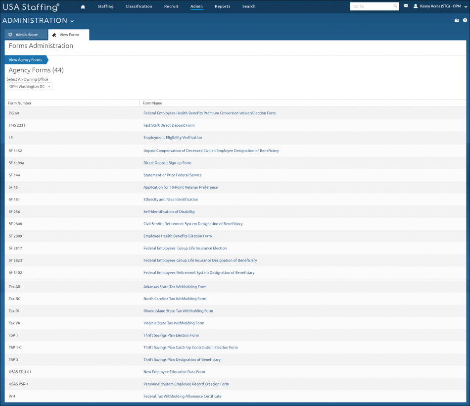 Manage Agency Forms tab